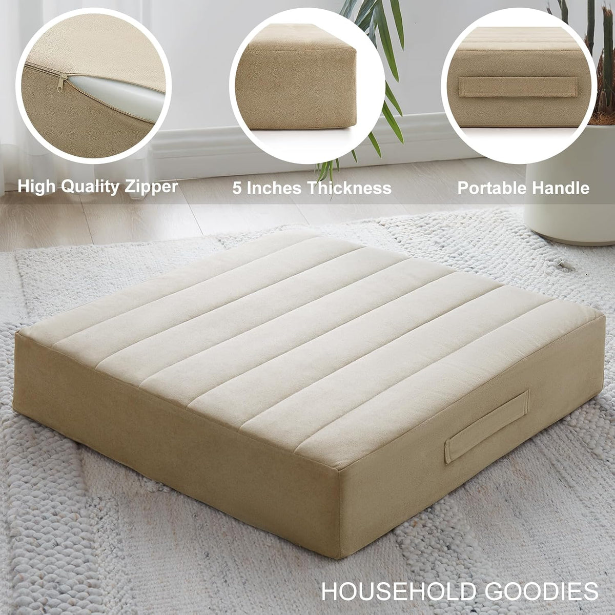 2 Pcs High Density Foam Floor Pillow - Upgraded Large Pillows Seating for Adults - Outdoor Floor Cushion with Soft Tufted Cover - Yoga Pillows for Sitting On Floor - 22 Inch Light Gray