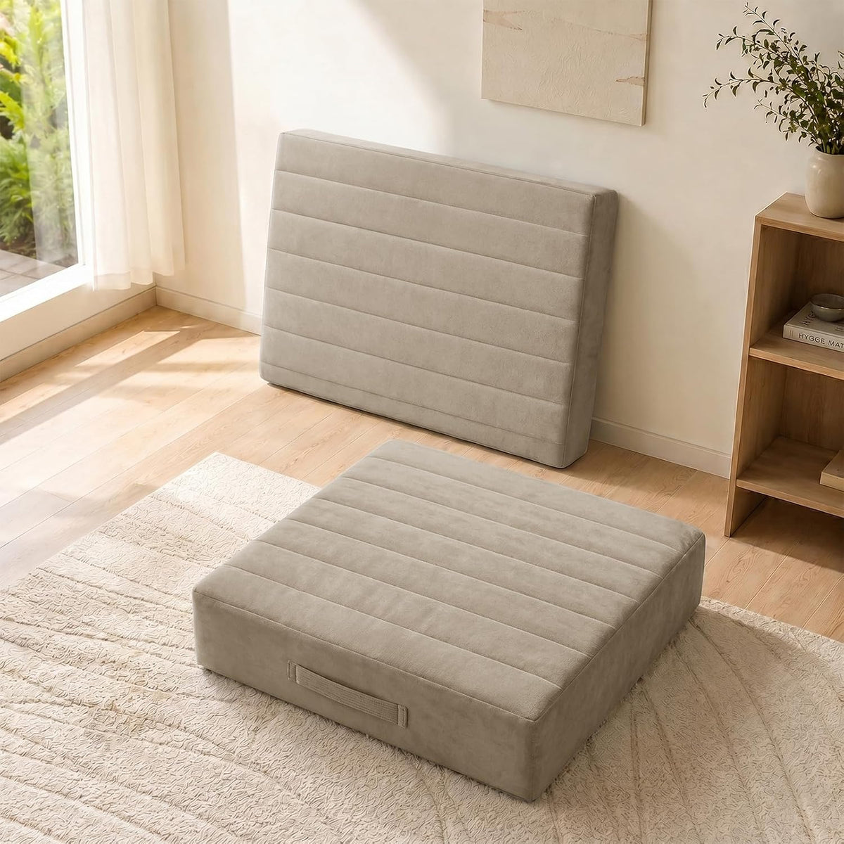 2 Pcs High Density Foam Floor Pillow - Upgraded Large Pillows Seating for Adults - Outdoor Floor Cushion with Soft Tufted Cover - Yoga Pillows for Sitting On Floor - 22 Inch Light Gray