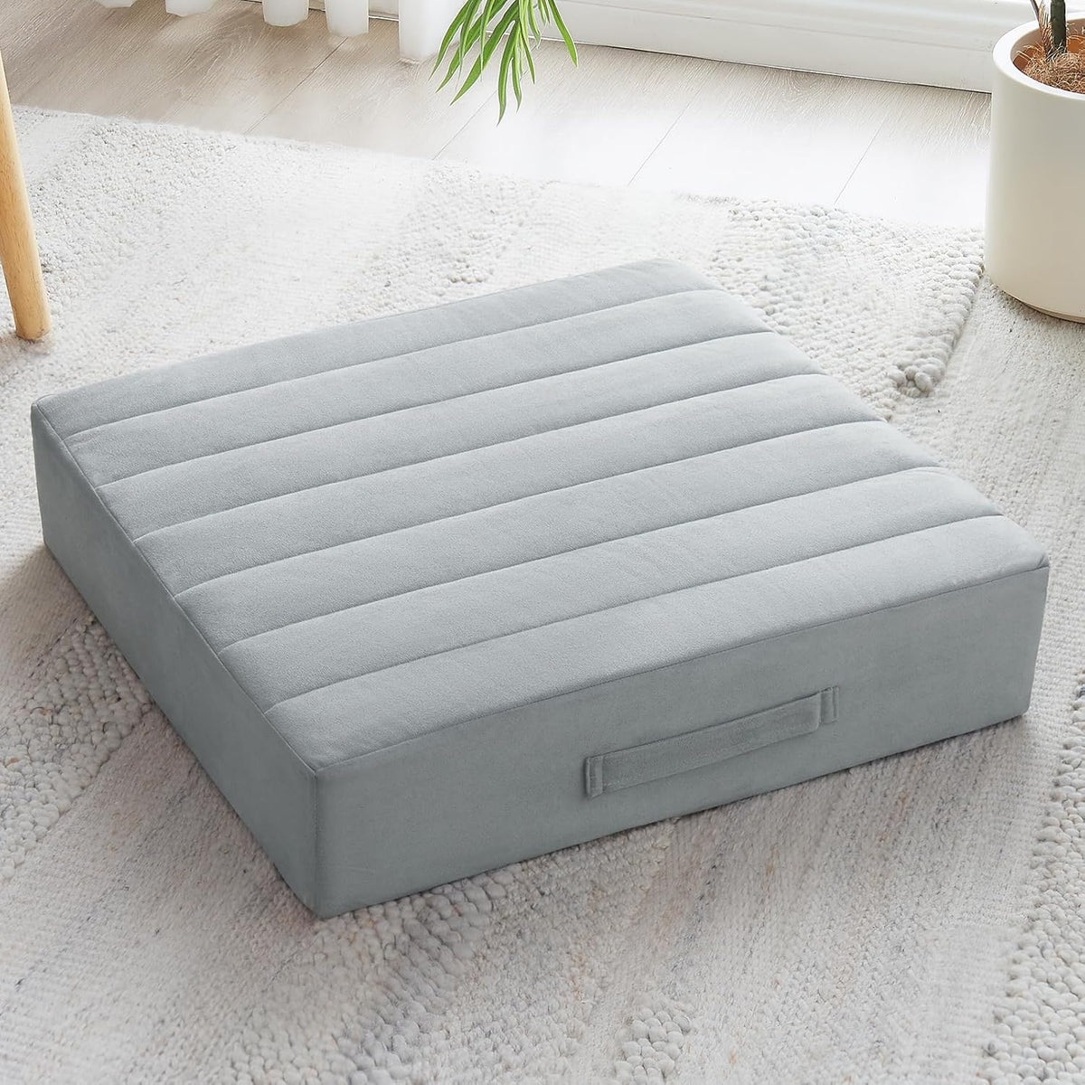 2 Pcs High Density Foam Floor Pillow - Upgraded Large Pillows Seating for Adults - Outdoor Floor Cushion with Soft Tufted Cover - Yoga Pillows for Sitting On Floor - 22 Inch Light Gray