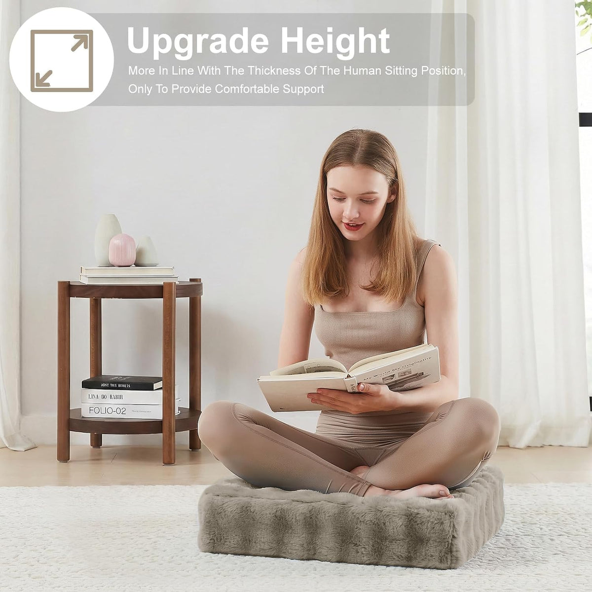 2 Pcs High Density Foam Floor Pillow - Upgraded Large Pillows Seating for Adults - Outdoor Floor Cushion with Soft Tufted Cover - Yoga Pillows for Sitting On Floor - 22 Inch Light Gray