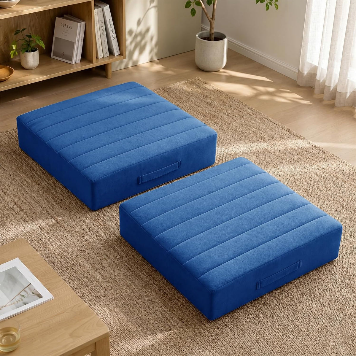 2 Pcs High Density Foam Floor Pillow - Upgraded Large Pillows Seating for Adults - Outdoor Floor Cushion with Soft Tufted Cover - Yoga Pillows for Sitting On Floor - 22 Inch Light Gray