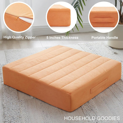 2 Pcs High Density Foam Floor Pillow - Upgraded Large Pillows Seating for Adults - Outdoor Floor Cushion with Soft Tufted Cover - Yoga Pillows for Sitting On Floor - 22 Inch Light Gray