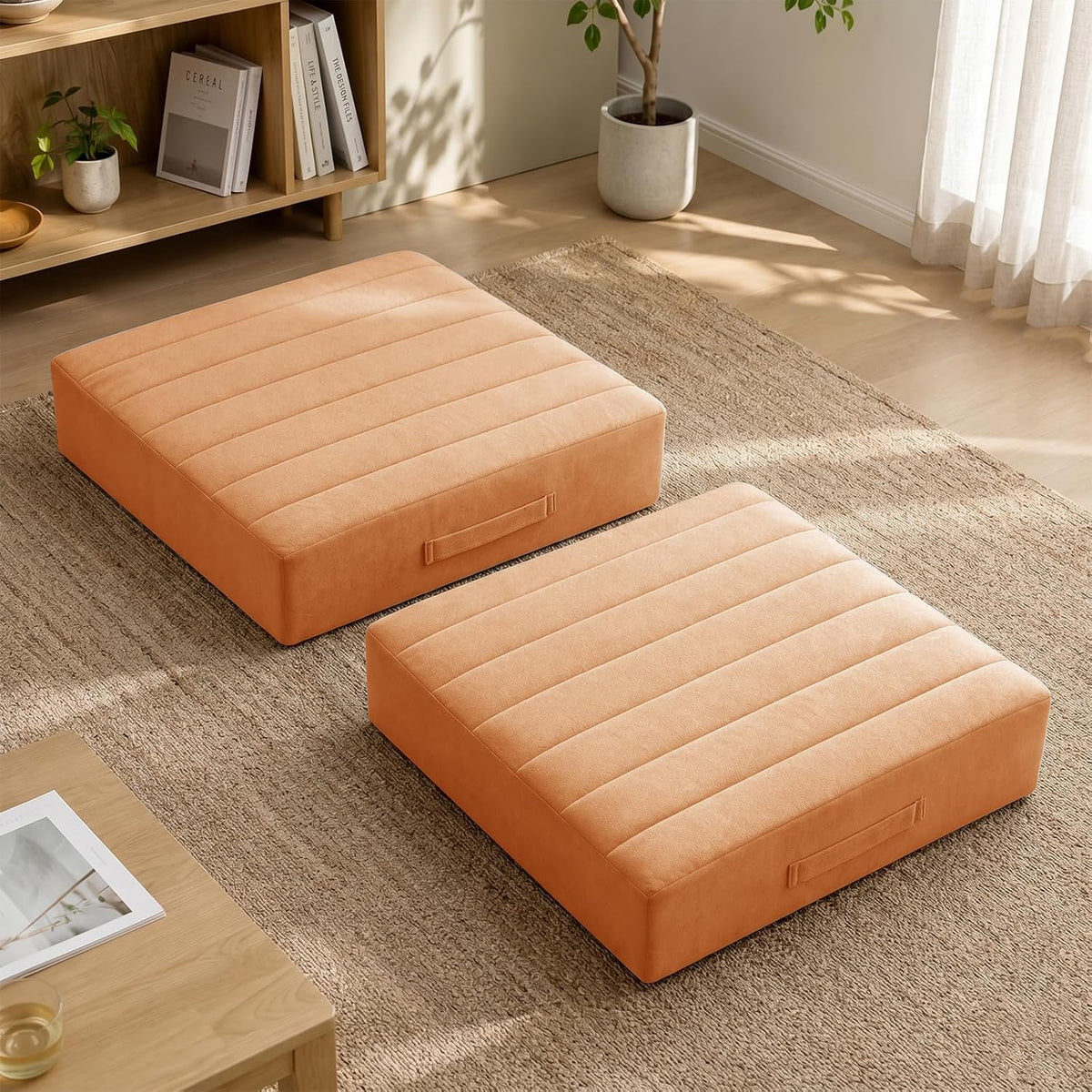 2 Pcs High Density Foam Floor Pillow - Upgraded Large Pillows Seating for Adults - Outdoor Floor Cushion with Soft Tufted Cover - Yoga Pillows for Sitting On Floor - 22 Inch Light Gray