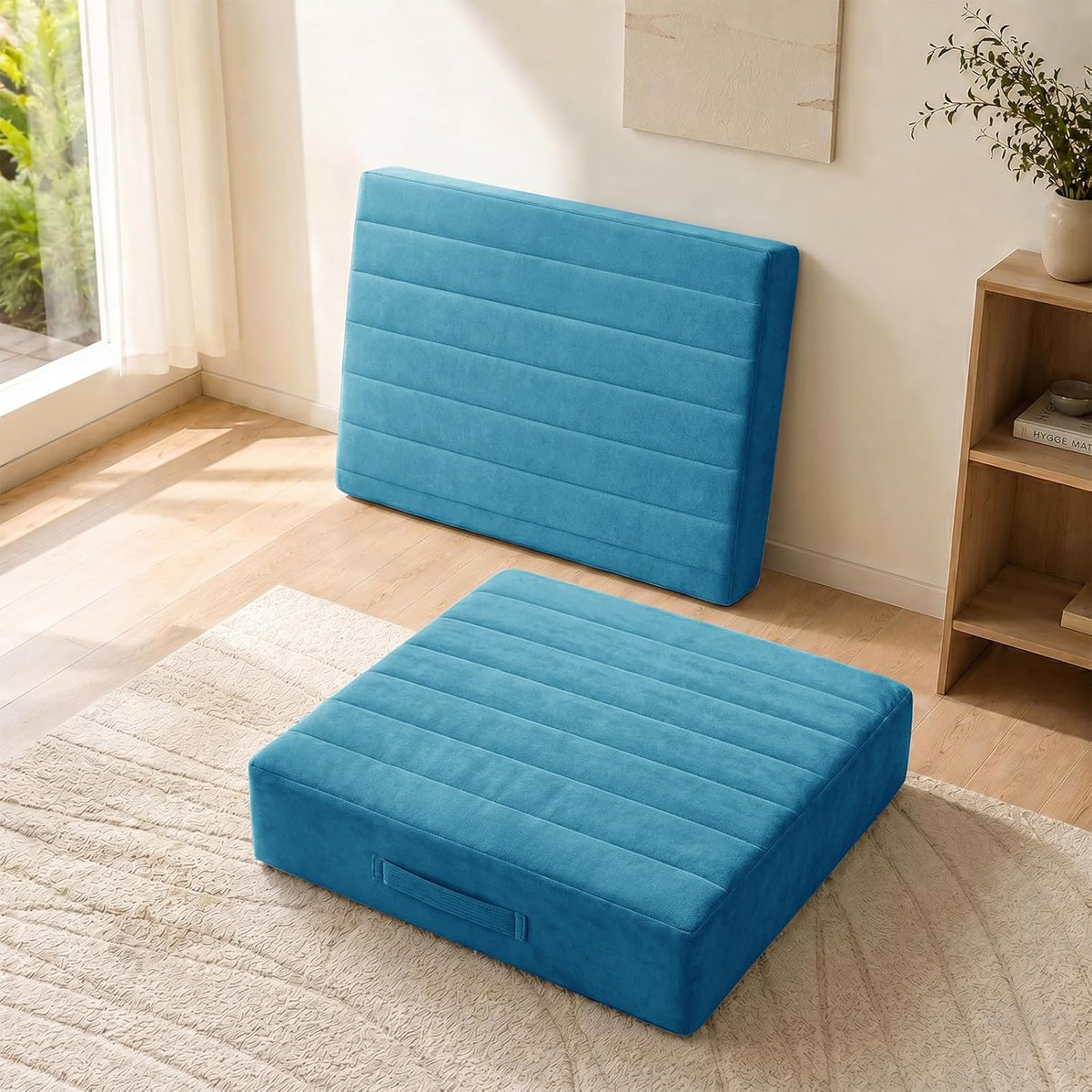 2 Pcs High Density Foam Floor Pillow - Upgraded Large Pillows Seating for Adults - Outdoor Floor Cushion with Soft Tufted Cover - Yoga Pillows for Sitting On Floor - 22 Inch Light Gray