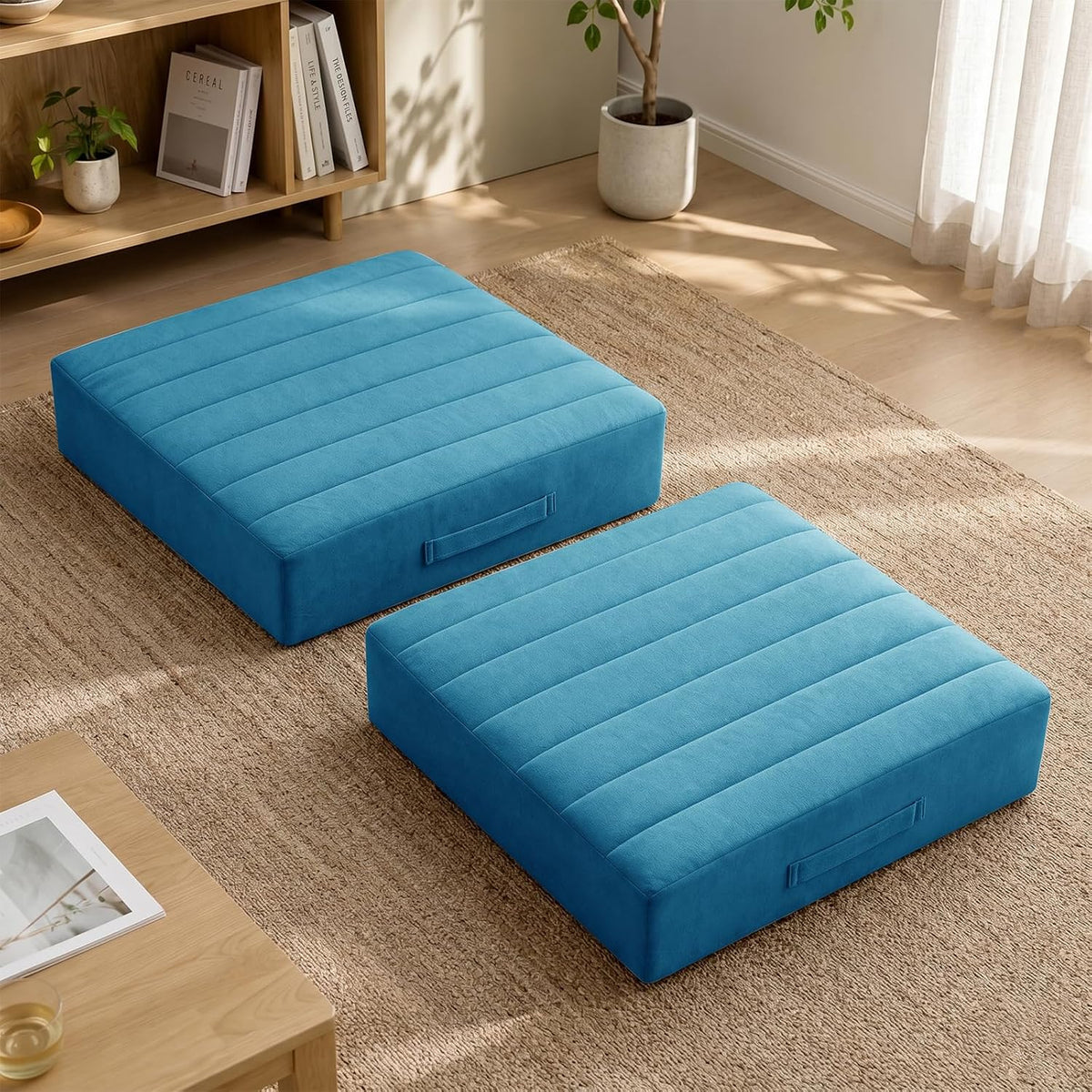 2 Pcs High Density Foam Floor Pillow - Upgraded Large Pillows Seating for Adults - Outdoor Floor Cushion with Soft Tufted Cover - Yoga Pillows for Sitting On Floor - 22 Inch Light Gray