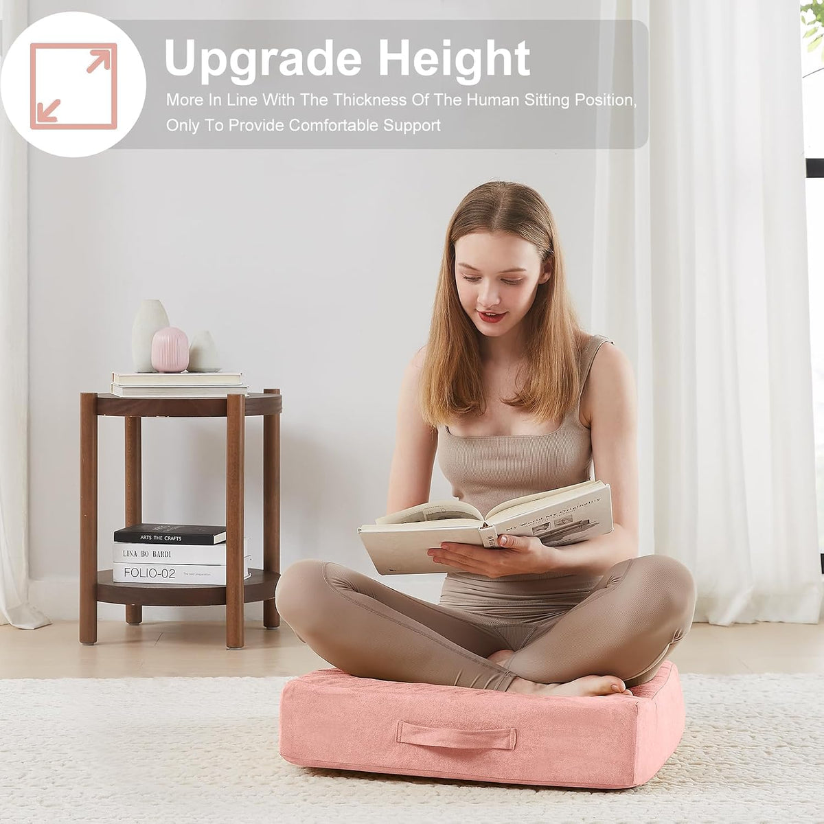 2 Pcs High Density Foam Floor Pillow - Upgraded Large Pillows Seating for Adults - Outdoor Floor Cushion with Soft Tufted Cover - Yoga Pillows for Sitting On Floor - 22 Inch Light Gray