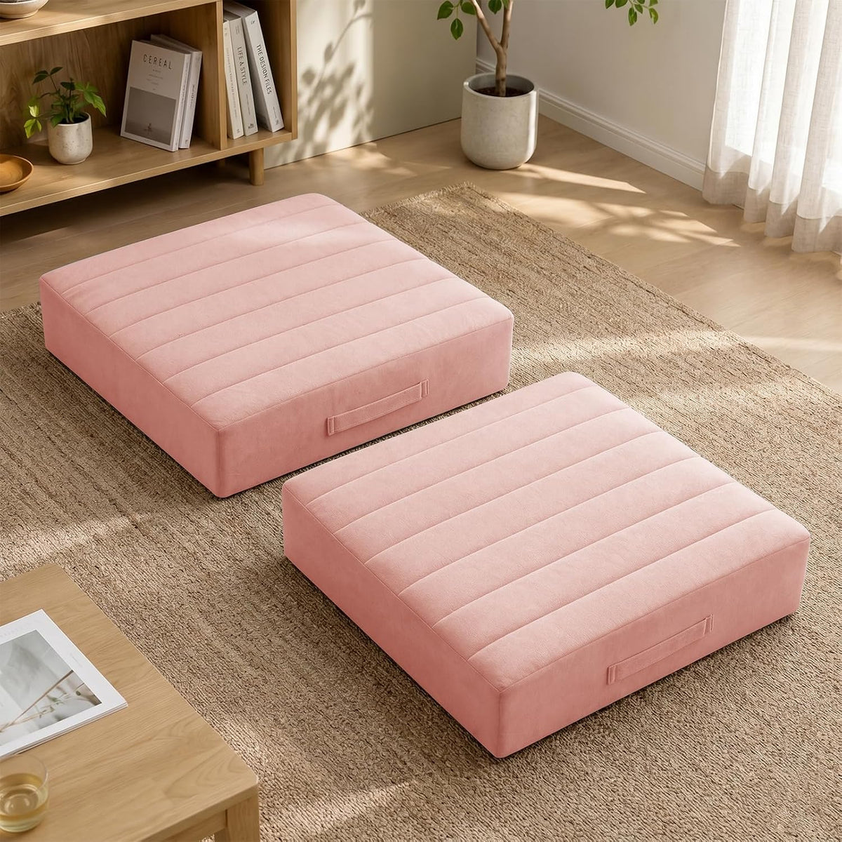 2 Pcs High Density Foam Floor Pillow - Upgraded Large Pillows Seating for Adults - Outdoor Floor Cushion with Soft Tufted Cover - Yoga Pillows for Sitting On Floor - 22 Inch Light Gray