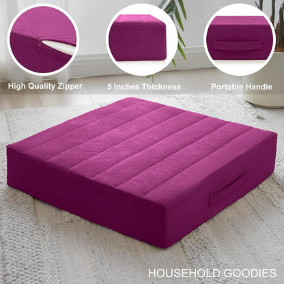 2 Pcs High Density Foam Floor Pillow - Upgraded Large Pillows Seating for Adults - Outdoor Floor Cushion with Soft Tufted Cover - Yoga Pillows for Sitting On Floor - 22 Inch Light Gray