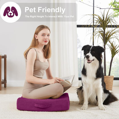 2 Pcs High Density Foam Floor Pillow - Upgraded Large Pillows Seating for Adults - Outdoor Floor Cushion with Soft Tufted Cover - Yoga Pillows for Sitting On Floor - 22 Inch Light Gray