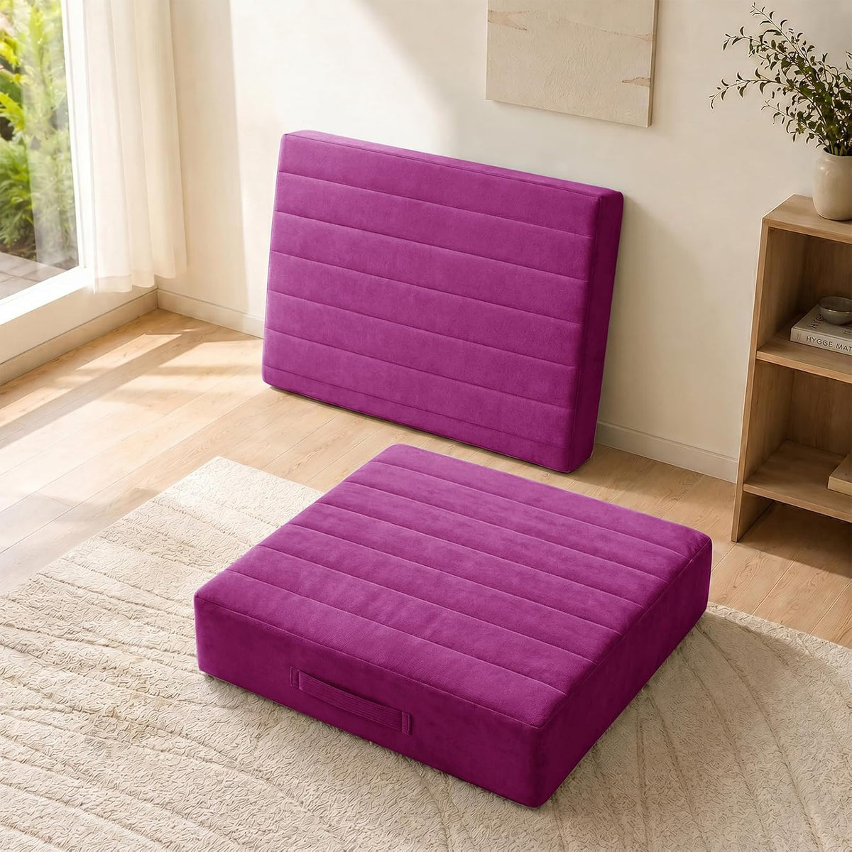 2 Pcs High Density Foam Floor Pillow - Upgraded Large Pillows Seating for Adults - Outdoor Floor Cushion with Soft Tufted Cover - Yoga Pillows for Sitting On Floor - 22 Inch Light Gray