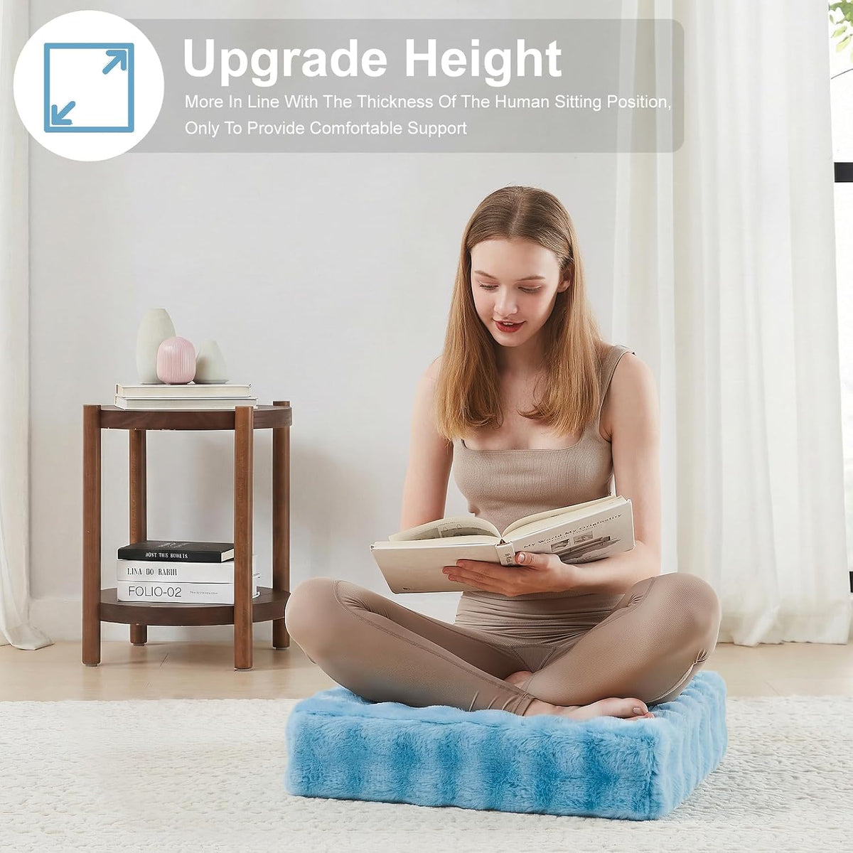 2 Pcs High Density Foam Floor Pillow - Upgraded Large Pillows Seating for Adults - Outdoor Floor Cushion with Soft Tufted Cover - Yoga Pillows for Sitting On Floor - 22 Inch Light Gray