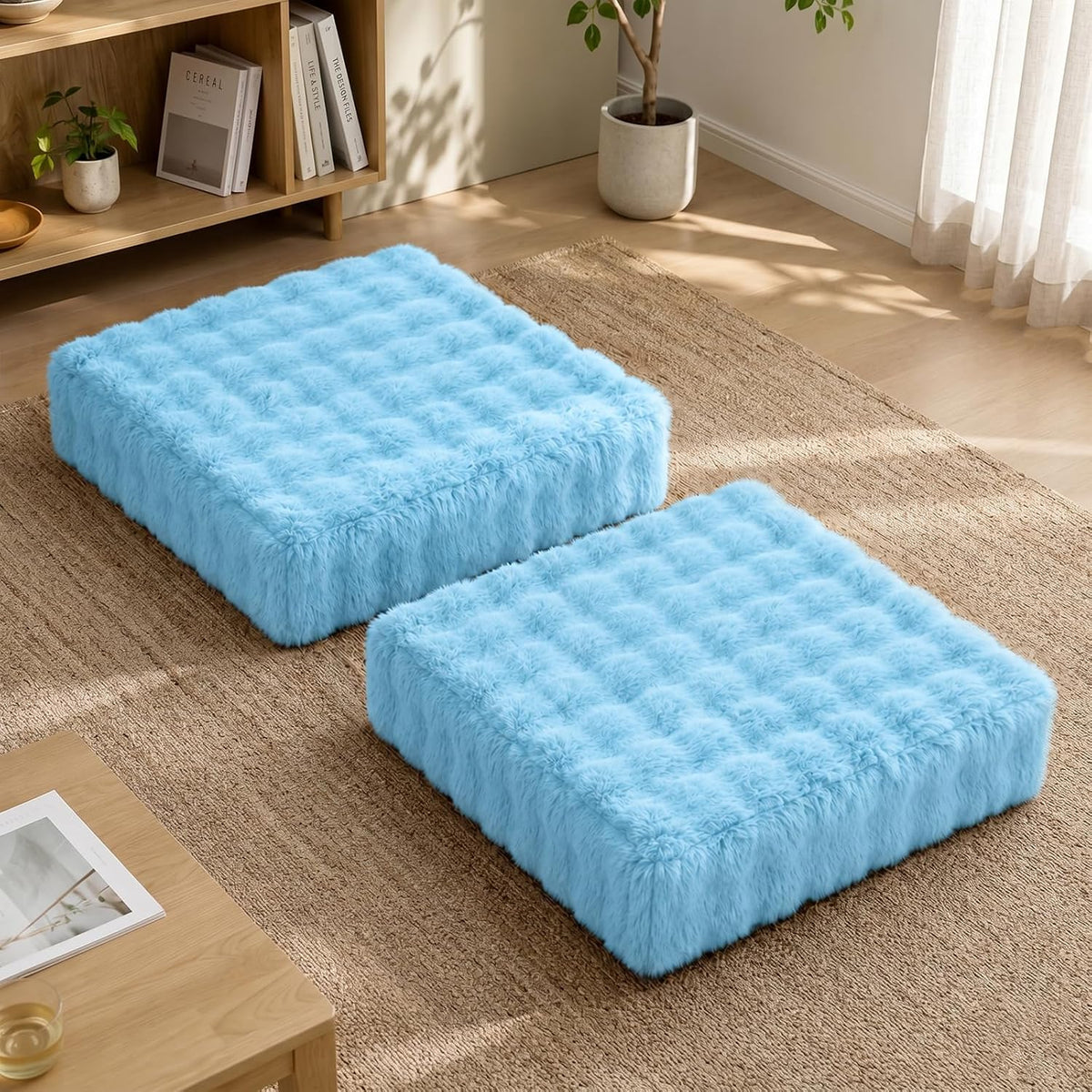2 Pcs High Density Foam Floor Pillow - Upgraded Large Pillows Seating for Adults - Outdoor Floor Cushion with Soft Tufted Cover - Yoga Pillows for Sitting On Floor - 22 Inch Light Gray