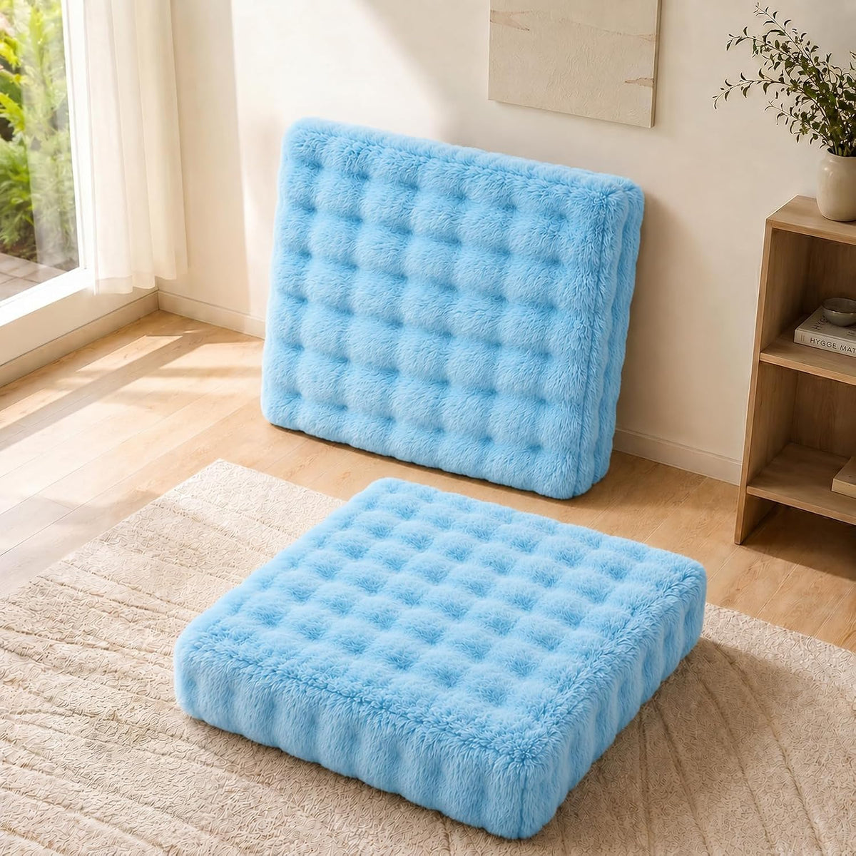 2 Pcs High Density Foam Floor Pillow - Upgraded Large Pillows Seating for Adults - Outdoor Floor Cushion with Soft Tufted Cover - Yoga Pillows for Sitting On Floor - 22 Inch Light Gray