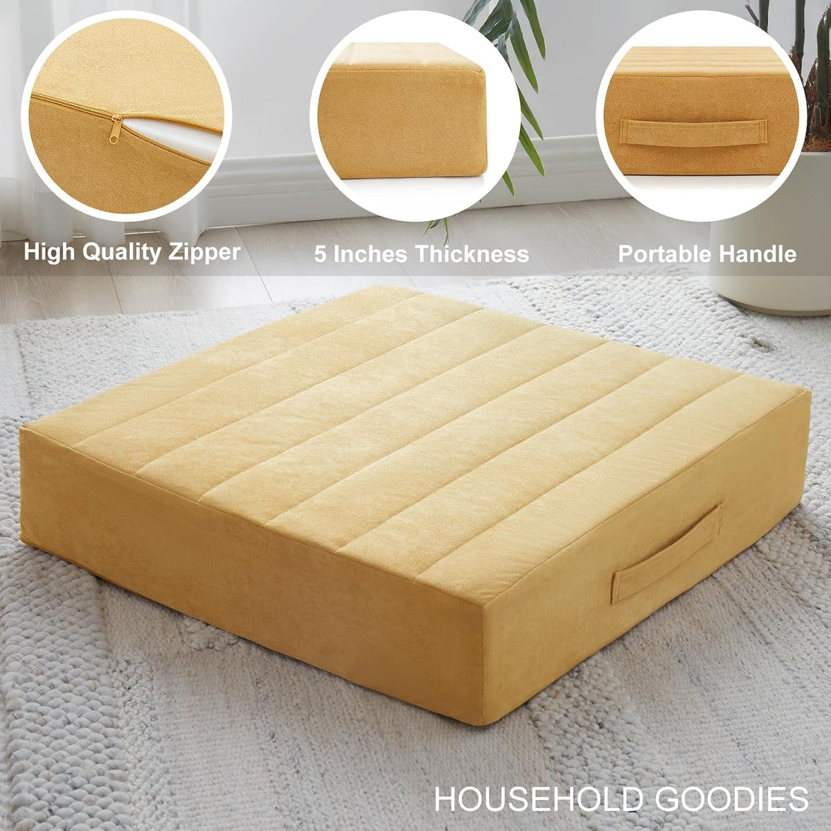 2 Pcs High Density Foam Floor Pillow - Upgraded Large Pillows Seating for Adults - Outdoor Floor Cushion with Soft Tufted Cover - Yoga Pillows for Sitting On Floor - 22 Inch Light Gray