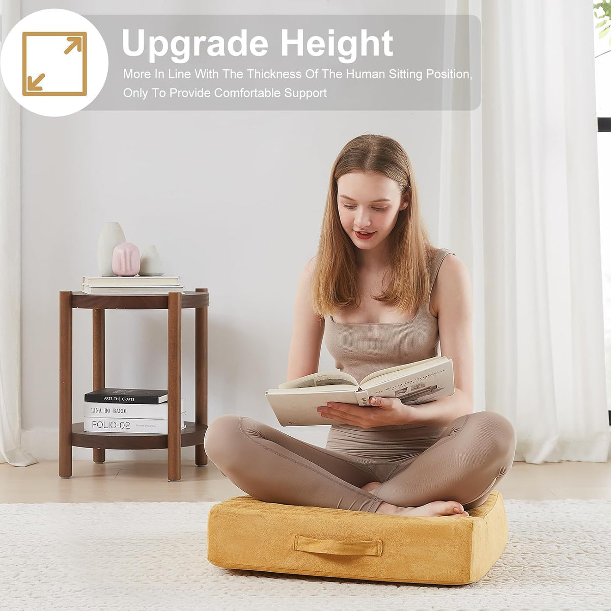 2 Pcs High Density Foam Floor Pillow - Upgraded Large Pillows Seating for Adults - Outdoor Floor Cushion with Soft Tufted Cover - Yoga Pillows for Sitting On Floor - 22 Inch Light Gray