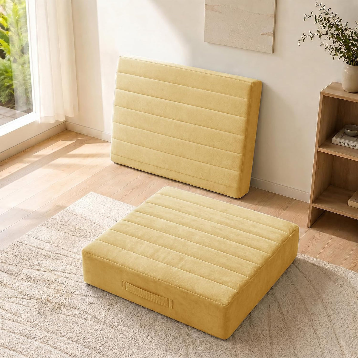 2 Pcs High Density Foam Floor Pillow - Upgraded Large Pillows Seating for Adults - Outdoor Floor Cushion with Soft Tufted Cover - Yoga Pillows for Sitting On Floor - 22 Inch Light Gray