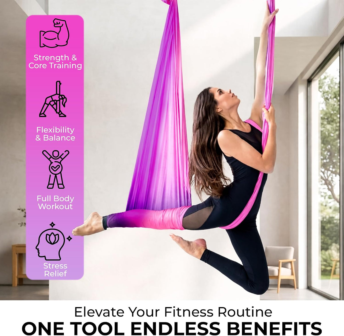 Aerial Yoga Hammock 5.5 Yards (198 Inches) – Premium Aerial Silk Swing for Antigravity Fitness, Inversion Therapy, Strength & Flexibility | Purple | Yoga Trapeze for Home & Studio