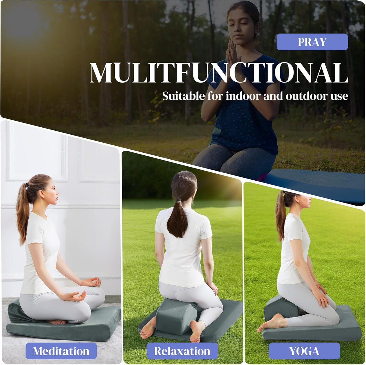 Large Meditation Cushion Foam Meditation Pillows for Sitting on Floor, Yoga Pillow for Adult, Meditation Mat with 2 Knee Cushions and Hip Support-3 Shapes for Different People