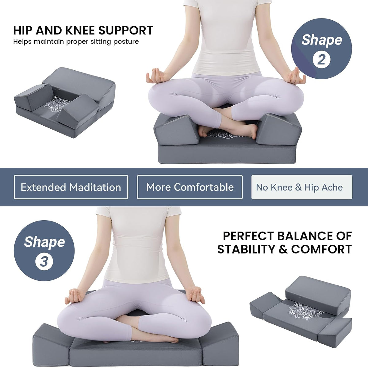 Large Meditation Cushion Foam Meditation Pillows for Sitting on Floor, Yoga Pillow for Adult, Meditation Mat with 2 Knee Cushions and Hip Support-3 Shapes for Different People