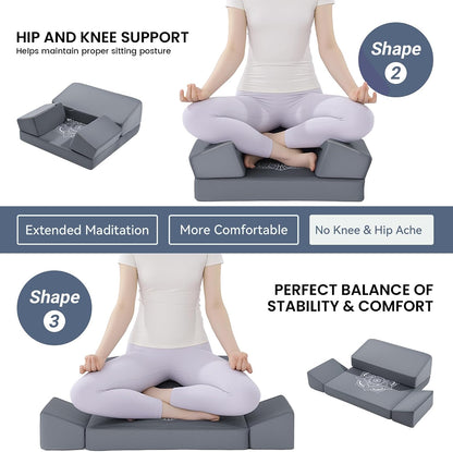 Large Meditation Cushion Foam Meditation Pillows for Sitting on Floor, Yoga Pillow for Adult, Meditation Mat with 2 Knee Cushions and Hip Support-3 Shapes for Different People