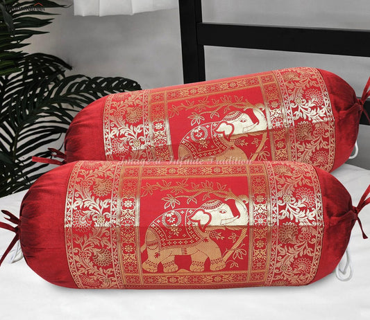Ethnic Living Room Decorative Bolster Tube Pillow Covers Cylindrical Maroon Yoga Couch Round Cushion Cover Jacquard Weave Poly Dupion Silk Elephant Throw Pillow Case 30x15 inch (76x38cm) - 2 Pc.