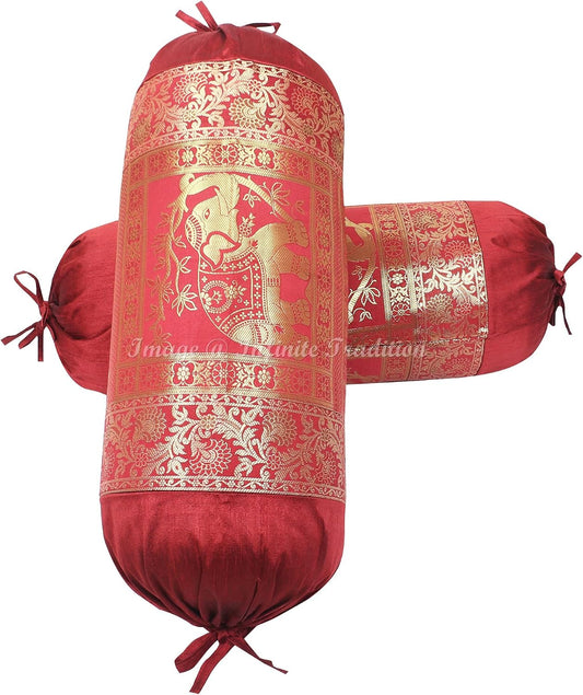 Ethnic Living Room Decorative Bolster Tube Pillow Covers Cylindrical Maroon Yoga Couch Round Cushion Cover Jacquard Weave Poly Dupion Silk Elephant Throw Pillow Case 30x15 inch (76x38cm) - 2 Pc.