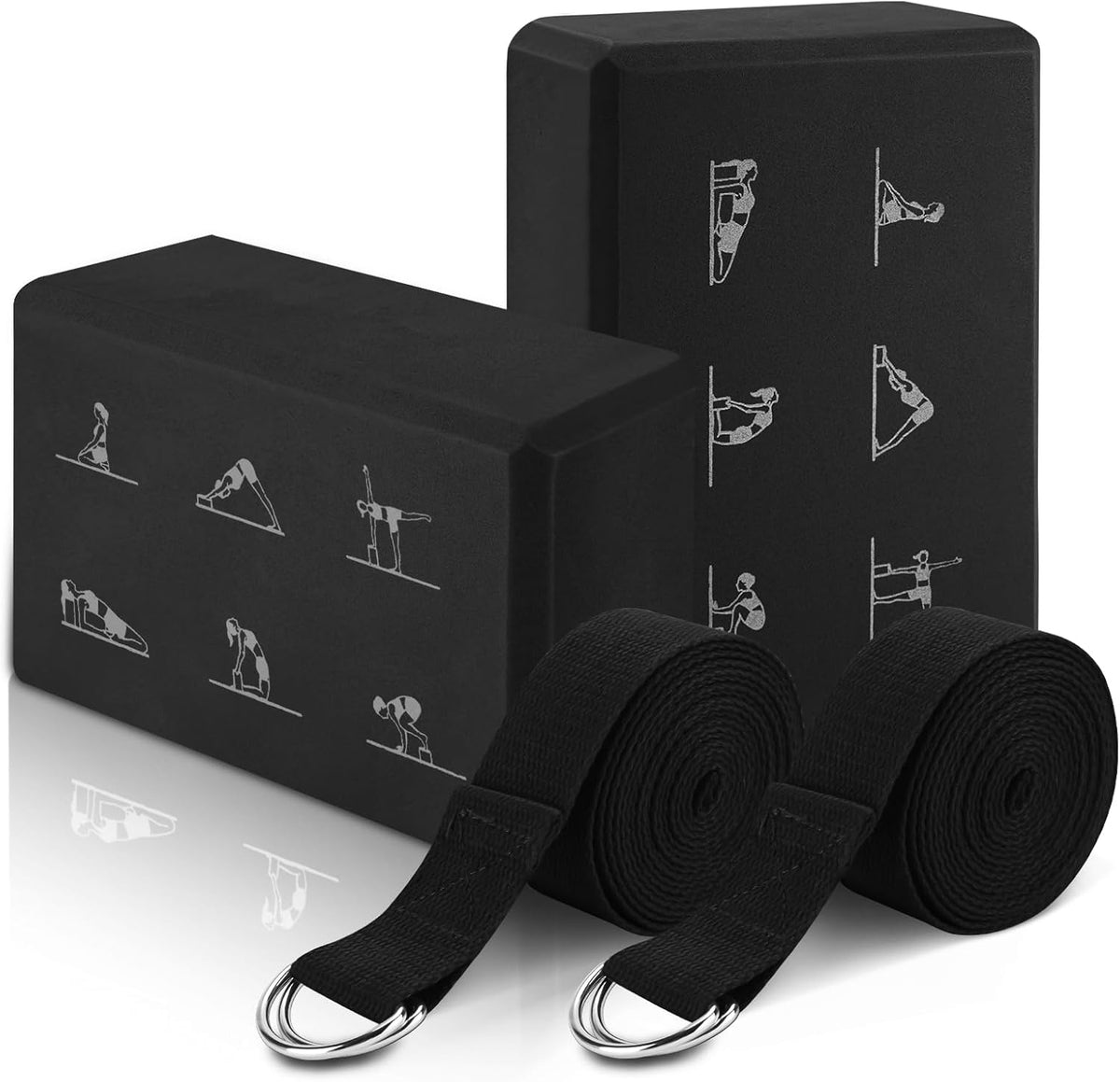 Yoga Blocks Set with Straps, High Density Yoga Bricks, Lightweight EVA Foam Pilates Block, 2 Yoga Blocks with 2 Straps for Yoga, Pilates, Fitness, Stretching and Toning