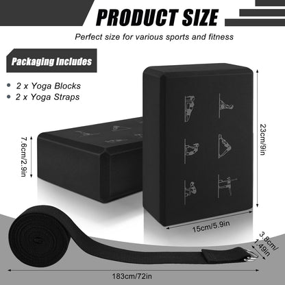 Yoga Blocks Set with Straps, High Density Yoga Bricks, Lightweight EVA Foam Pilates Block, 2 Yoga Blocks with 2 Straps for Yoga, Pilates, Fitness, Stretching and Toning