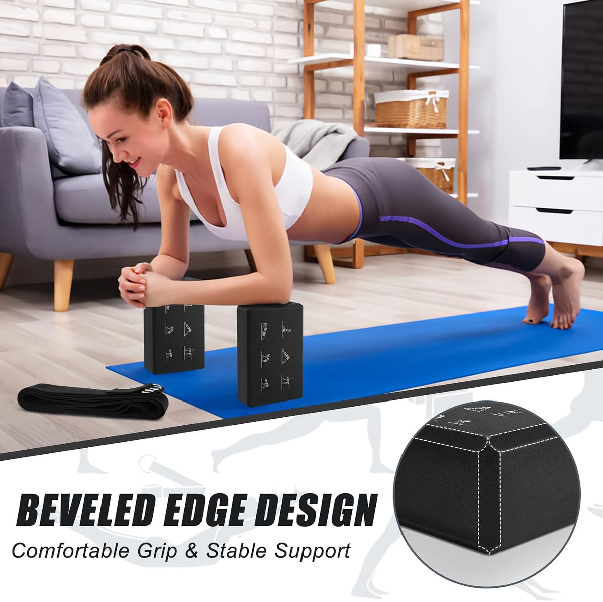 Yoga Blocks Set with Straps, High Density Yoga Bricks, Lightweight EVA Foam Pilates Block, 2 Yoga Blocks with 2 Straps for Yoga, Pilates, Fitness, Stretching and Toning