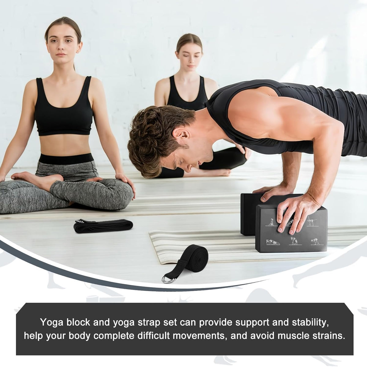 Yoga Blocks Set with Straps, High Density Yoga Bricks, Lightweight EVA Foam Pilates Block, 2 Yoga Blocks with 2 Straps for Yoga, Pilates, Fitness, Stretching and Toning