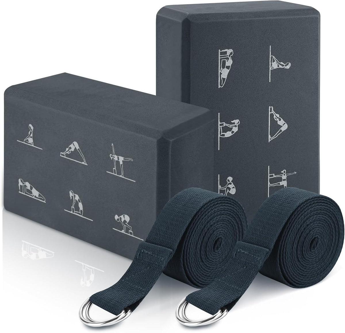 Yoga Blocks Set with Straps, High Density Yoga Bricks, Lightweight EVA Foam Pilates Block, 2 Yoga Blocks with 2 Straps for Yoga, Pilates, Fitness, Stretching and Toning