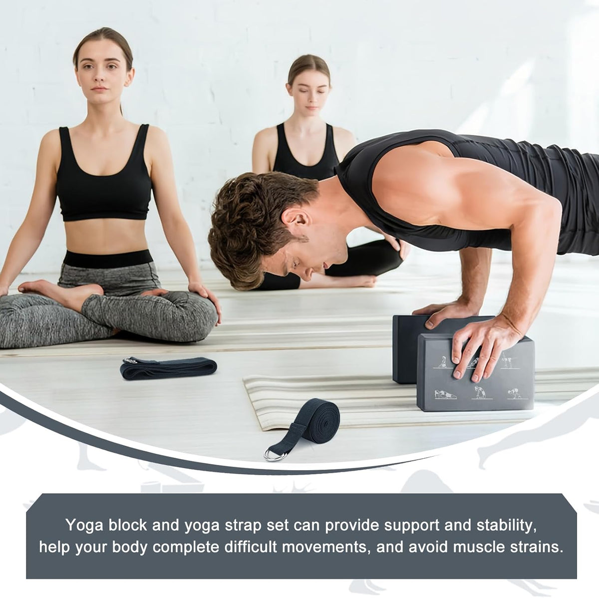 Yoga Blocks Set with Straps, High Density Yoga Bricks, Lightweight EVA Foam Pilates Block, 2 Yoga Blocks with 2 Straps for Yoga, Pilates, Fitness, Stretching and Toning