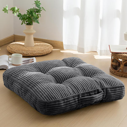 Floor Pillow Cushion for Adults, Meditation Cushion Pillow, Large Square Floor Sitting, Tufted Corduroy Cover, for Tatami Living Room or Yoga, 22x22 Inch, Dark Grey