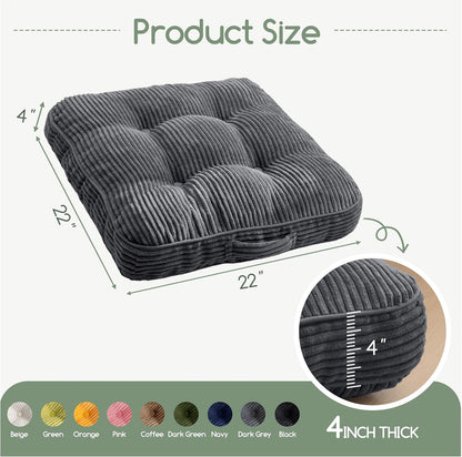 Floor Pillow Cushion for Adults, Meditation Cushion Pillow, Large Square Floor Sitting, Tufted Corduroy Cover, for Tatami Living Room or Yoga, 22x22 Inch, Dark Grey