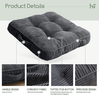 Floor Pillow Cushion for Adults, Meditation Cushion Pillow, Large Square Floor Sitting, Tufted Corduroy Cover, for Tatami Living Room or Yoga, 22x22 Inch, Dark Grey