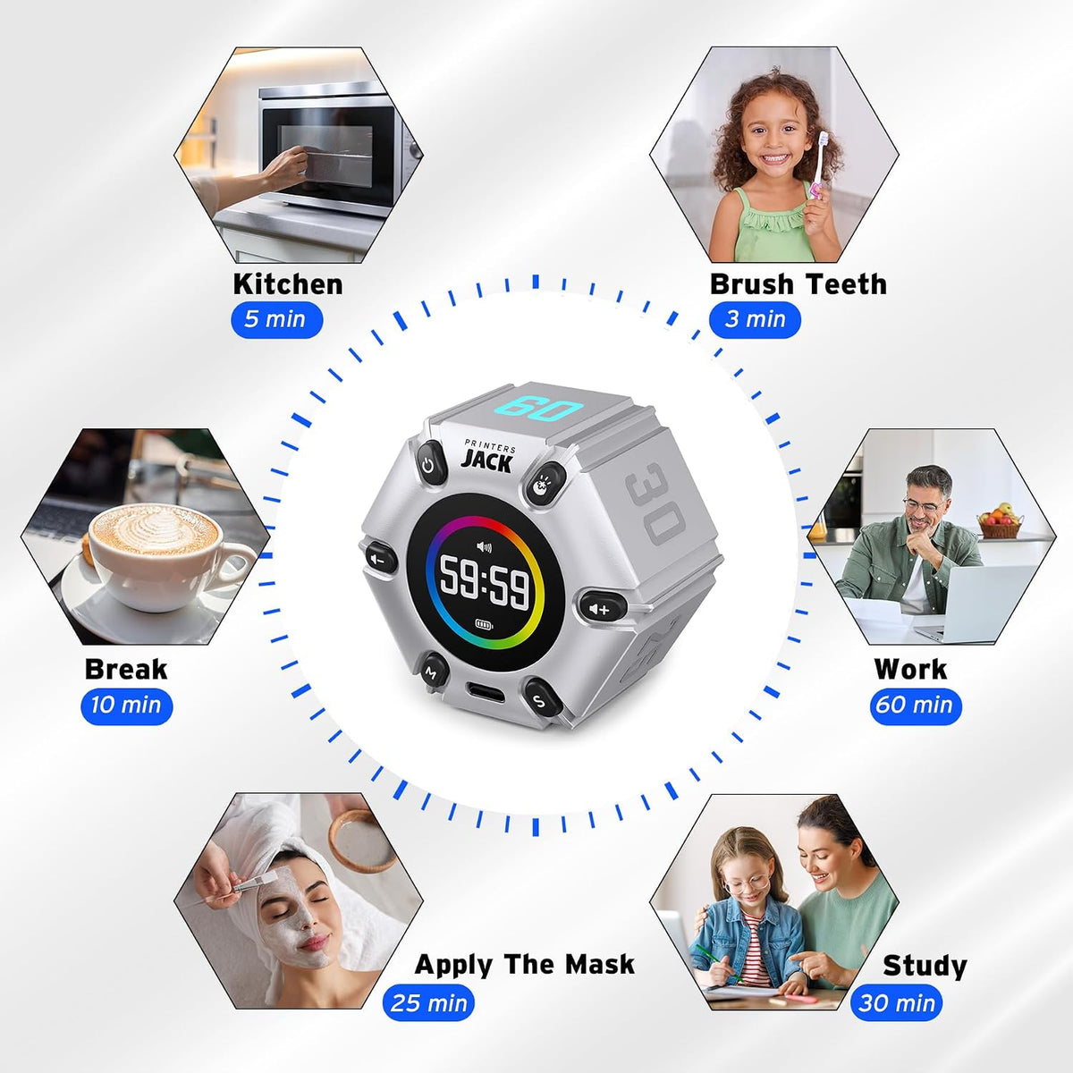 Smart FILP Pomodoro Timer 3/5/10/25/30/60min Preset, Silent & Sound Alarm