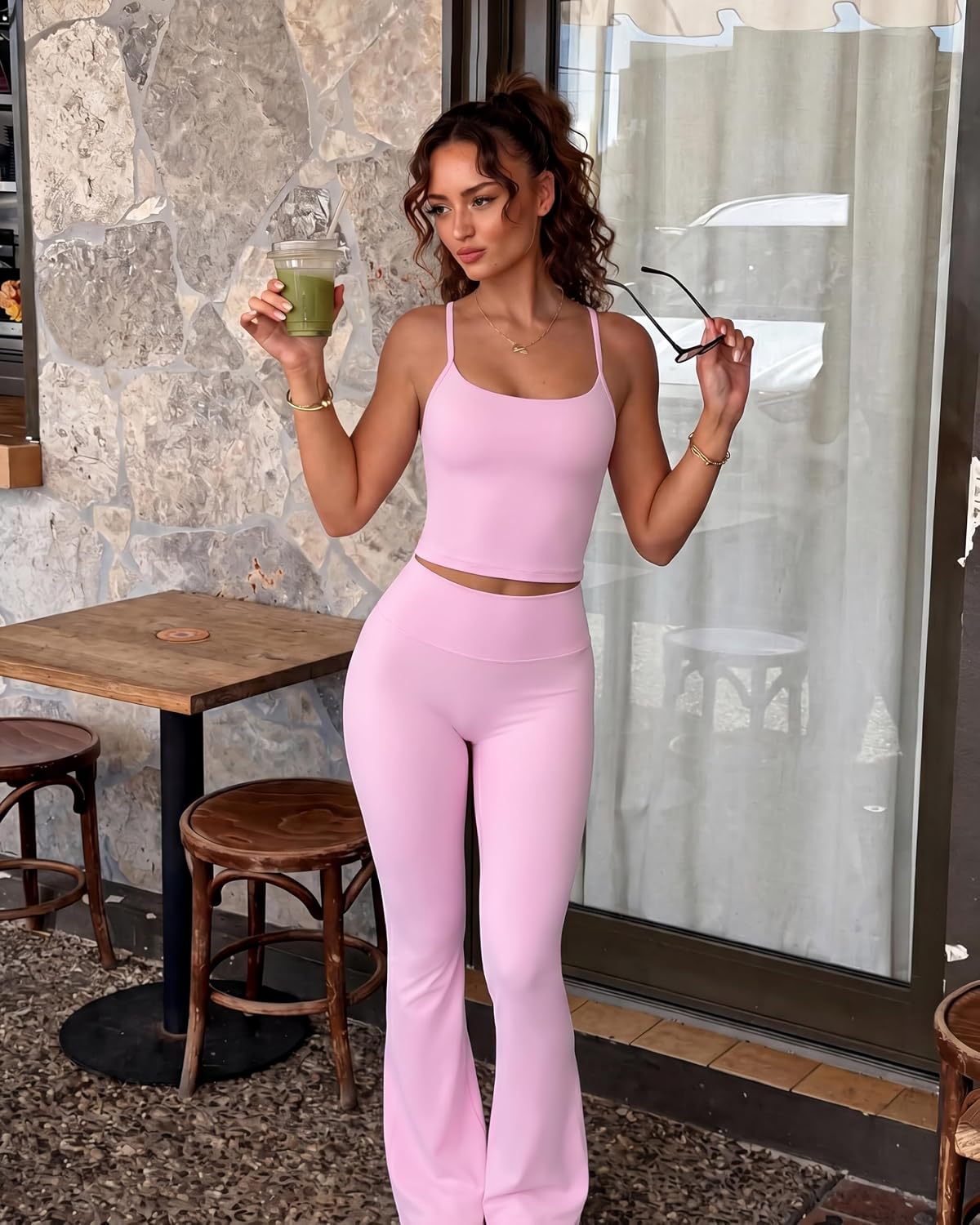 Women's 2 Piece Workout Sets Padded Tank Tops Flare Pilates Outfits | High Waisted Flare Leggings Workout Sets, Cute Strappy Open Back Workout Tops with Built in Bra, Booty Leggings Gym Outfits