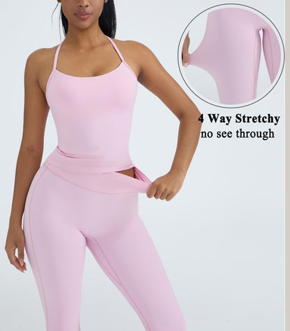 Women's 2 Piece Workout Sets Padded Tank Tops Flare Pilates Outfits | High Waisted Flare Leggings Workout Sets, Cute Strappy Open Back Workout Tops with Built in Bra, Booty Leggings Gym Outfits