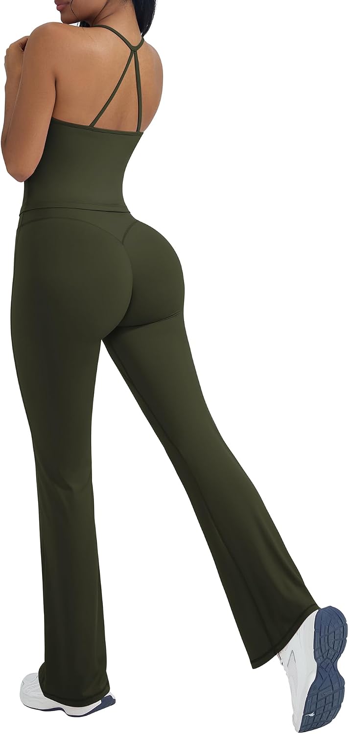 Women's 2 Piece Workout Sets Padded Tank Tops Flare Pilates Outfits | High Waisted Flare Leggings Workout Sets, Cute Strappy Open Back Workout Tops with Built in Bra, Booty Leggings Gym Outfits