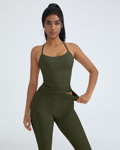Women's 2 Piece Workout Sets Padded Tank Tops Flare Pilates Outfits | High Waisted Flare Leggings Workout Sets, Cute Strappy Open Back Workout Tops with Built in Bra, Booty Leggings Gym Outfits