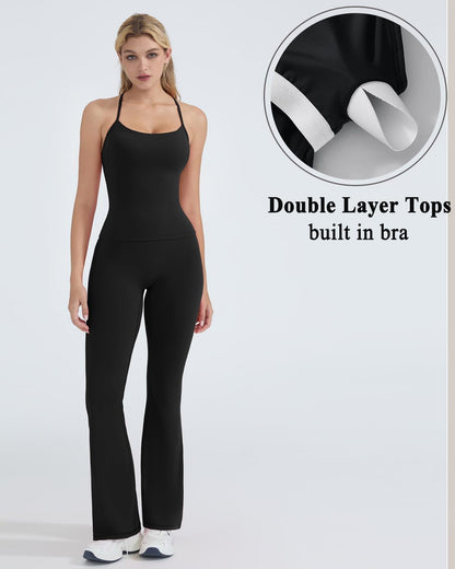 Women's 2 Piece Workout Sets Padded Tank Tops Flare Pilates Outfits | High Waisted Flare Leggings Workout Sets, Cute Strappy Open Back Workout Tops with Built in Bra, Booty Leggings Gym Outfits