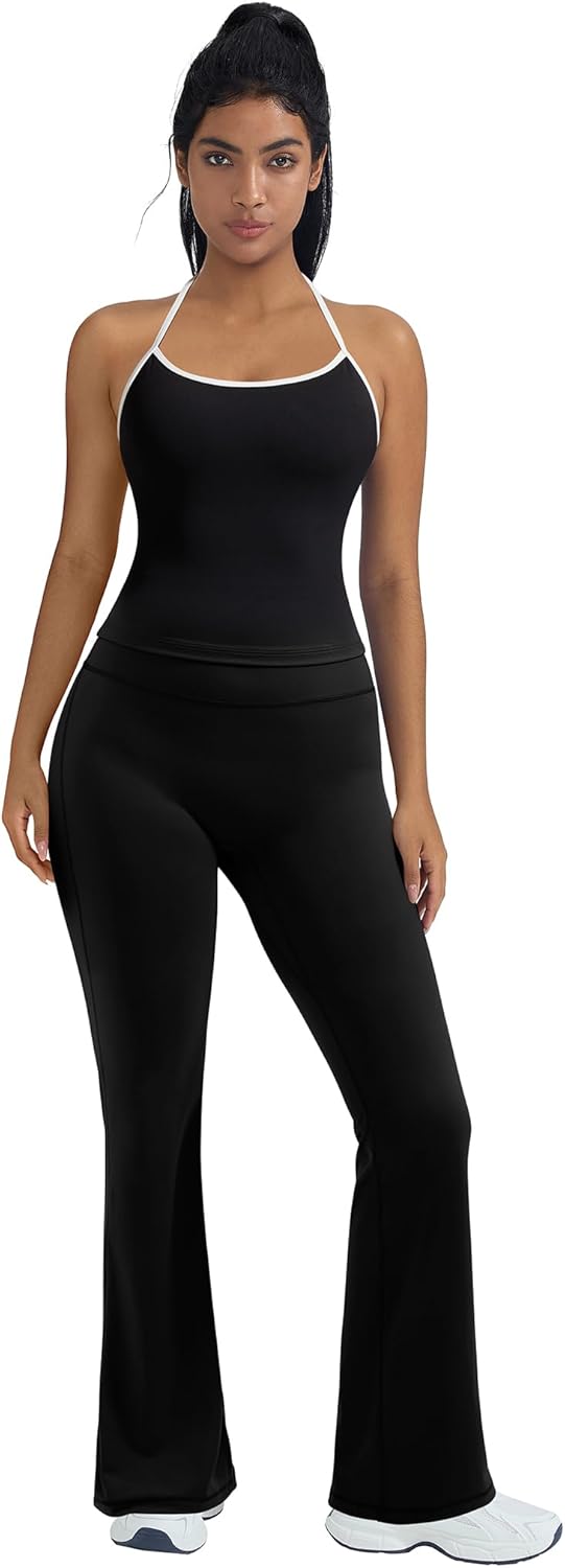 Women's 2 Piece Workout Sets Padded Tank Tops Flare Pilates Outfits | High Waisted Flare Leggings Workout Sets, Cute Strappy Open Back Workout Tops with Built in Bra, Booty Leggings Gym Outfits