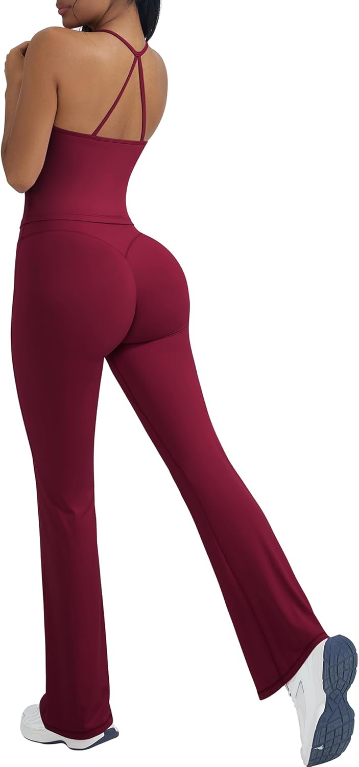 Women's 2 Piece Workout Sets Padded Tank Tops Flare Pilates Outfits | High Waisted Flare Leggings Workout Sets, Cute Strappy Open Back Workout Tops with Built in Bra, Booty Leggings Gym Outfits
