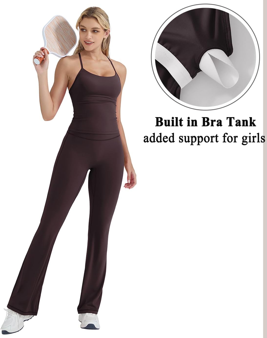 Women's 2 Piece Workout Sets Padded Tank Tops Flare Pilates Outfits | High Waisted Flare Leggings Workout Sets, Cute Strappy Open Back Workout Tops with Built in Bra, Booty Leggings Gym Outfits