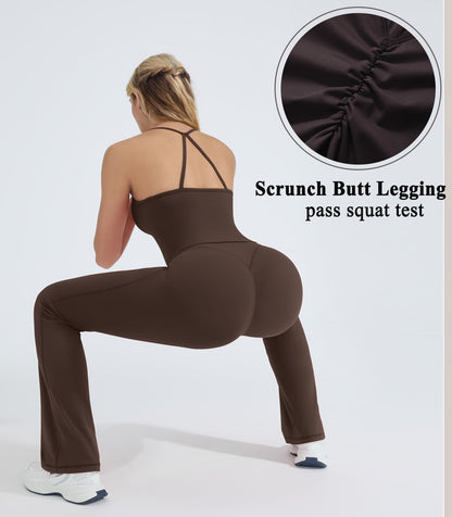 Women's 2 Piece Workout Sets Padded Tank Tops Flare Pilates Outfits | High Waisted Flare Leggings Workout Sets, Cute Strappy Open Back Workout Tops with Built in Bra, Booty Leggings Gym Outfits