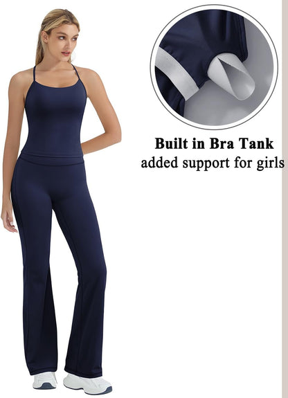 Women's 2 Piece Workout Sets Padded Tank Tops Flare Pilates Outfits | High Waisted Flare Leggings Workout Sets, Cute Strappy Open Back Workout Tops with Built in Bra, Booty Leggings Gym Outfits