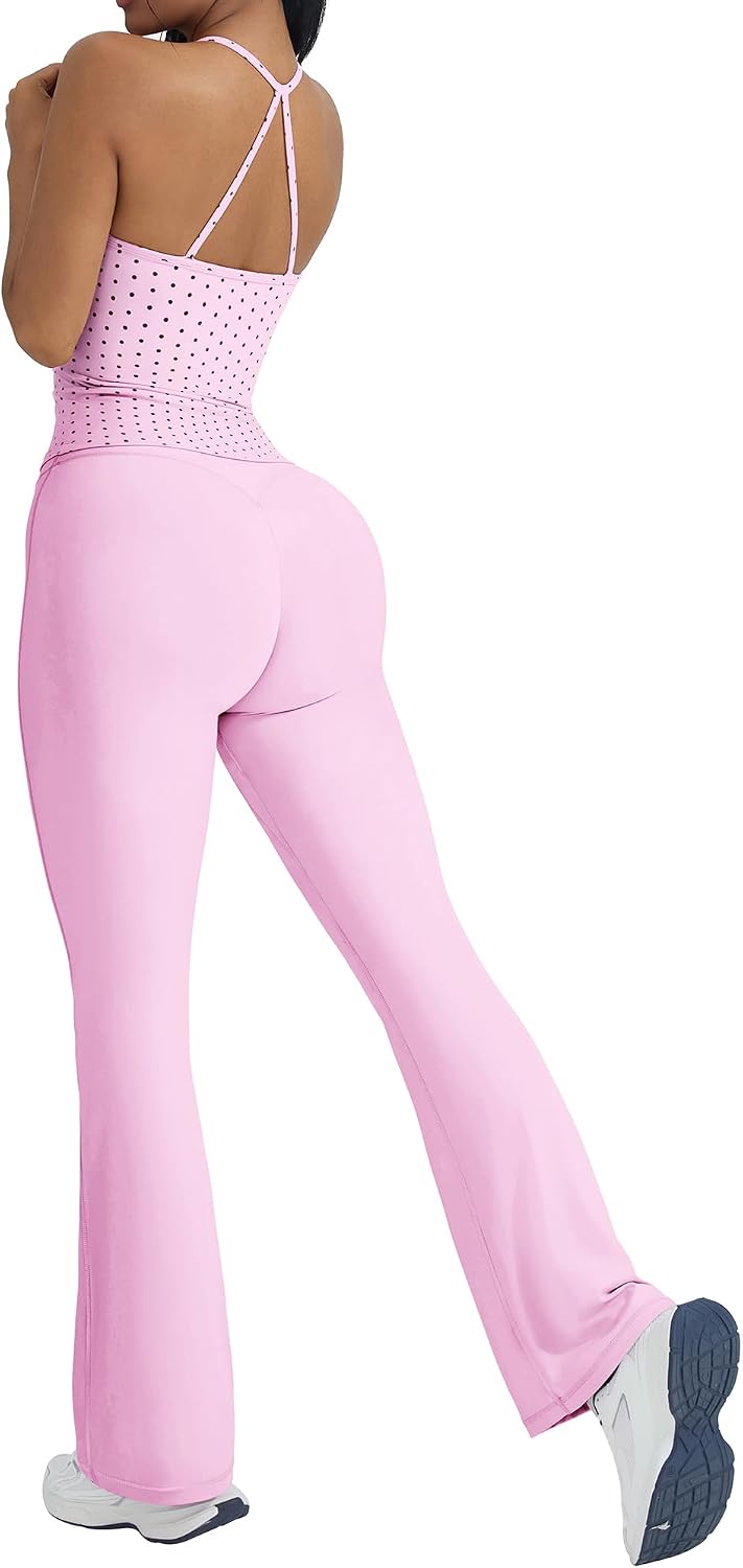 Women's 2 Piece Workout Sets Padded Tank Tops Flare Pilates Outfits | High Waisted Flare Leggings Workout Sets, Cute Strappy Open Back Workout Tops with Built in Bra, Booty Leggings Gym Outfits
