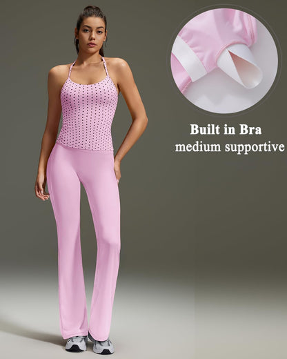 Women's 2 Piece Workout Sets Padded Tank Tops Flare Pilates Outfits | High Waisted Flare Leggings Workout Sets, Cute Strappy Open Back Workout Tops with Built in Bra, Booty Leggings Gym Outfits