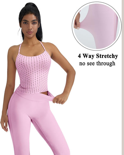 Women's 2 Piece Workout Sets Padded Tank Tops Flare Pilates Outfits | High Waisted Flare Leggings Workout Sets, Cute Strappy Open Back Workout Tops with Built in Bra, Booty Leggings Gym Outfits