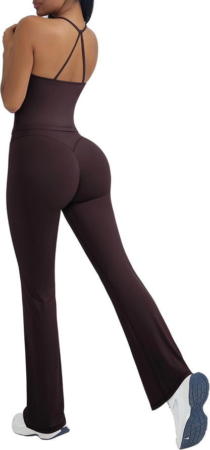 Women's 2 Piece Workout Sets Padded Tank Tops Flare Pilates Outfits | High Waisted Flare Leggings Workout Sets, Cute Strappy Open Back Workout Tops with Built in Bra, Booty Leggings Gym Outfits
